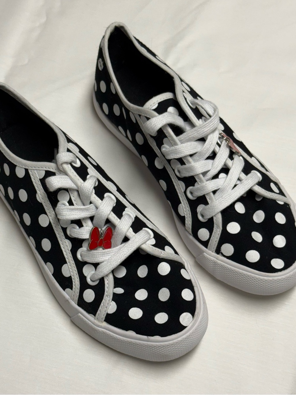 Black and White Polka Dot Women's Moccasins with Red Bow Charm